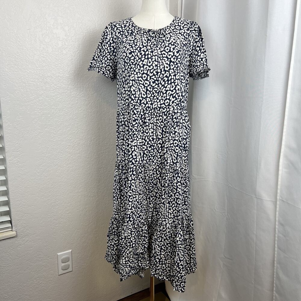 J Crew Midi Dress Womens Medium Blue White Leopard Print Puff Sleeve Tiered Boho
